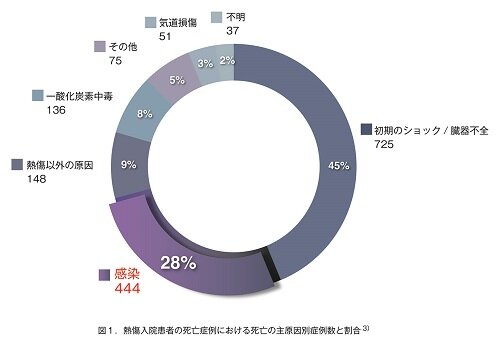 熱傷入院患者の死亡症例における死亡の主原因別症例数と割合のグラフ