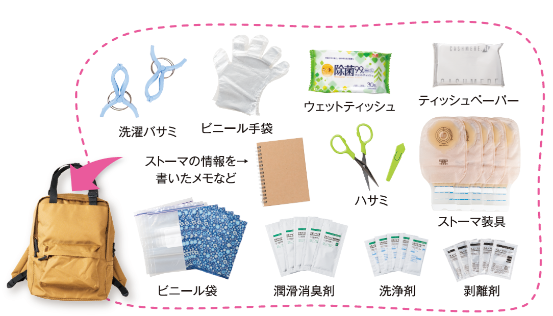 オストメイトの災害時の備え例 ストーマケアに必要な、ウエットティッシュ、ビニール袋、洗浄剤、ストーマ情報を書いたメモなど