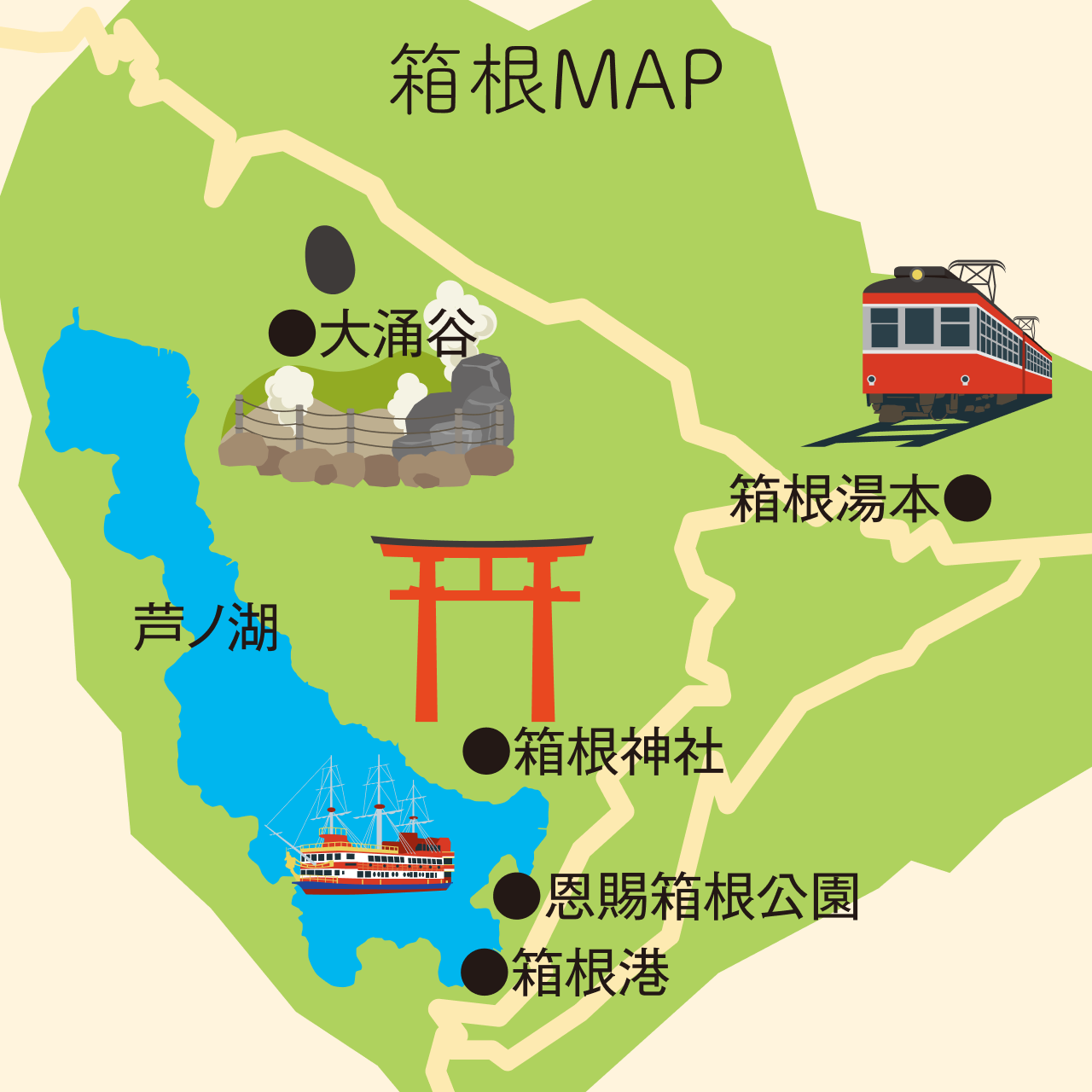 本記事に掲載している観光スポットの箱根MAP