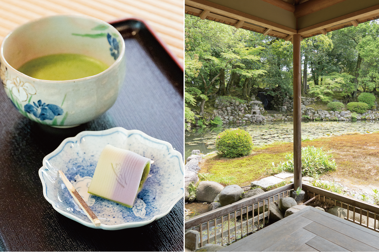 左：季節の和菓子と抹茶、右：時雨亭